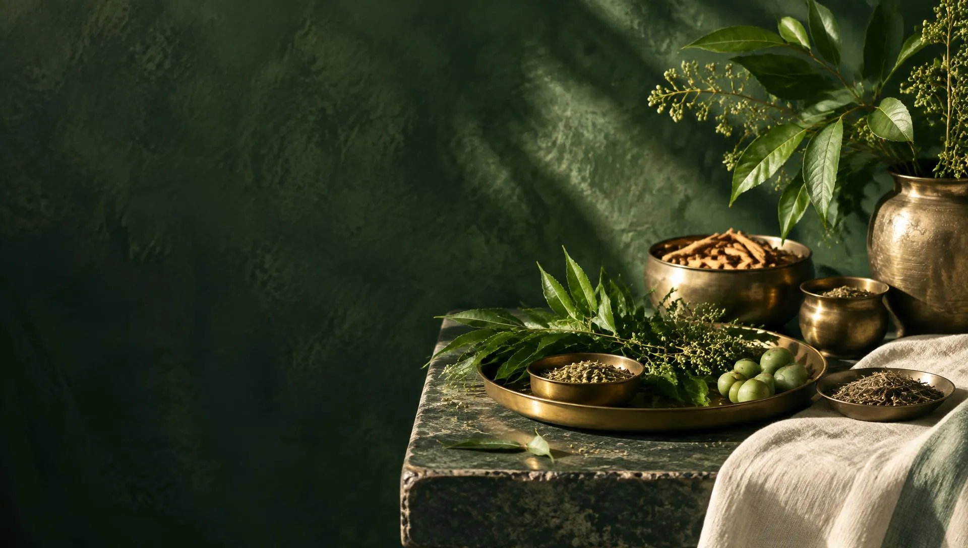 Botanicals and brass vessels arranged for a considered ritual