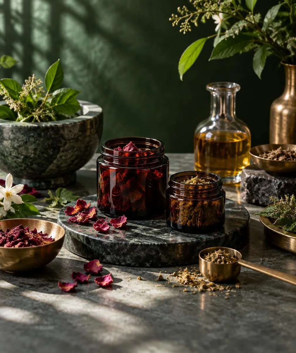 Herbs and petals in unlabelled amber jars on stone