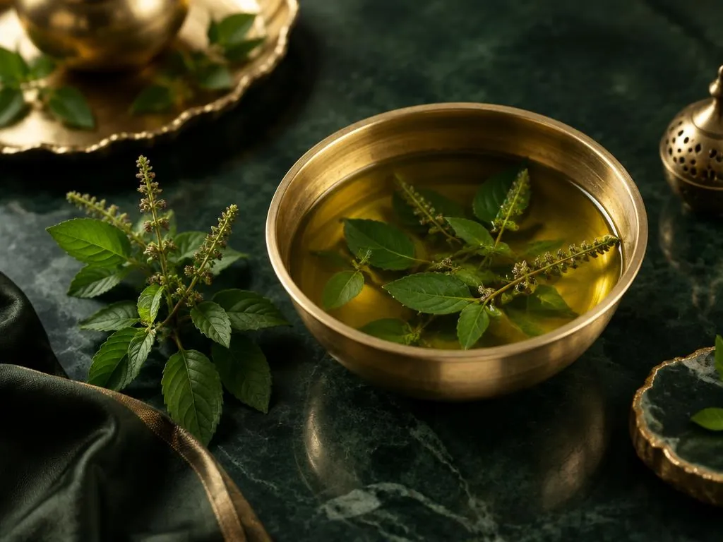 Brass bowl with botanical oil and fresh tulsi leaves on dark green stone