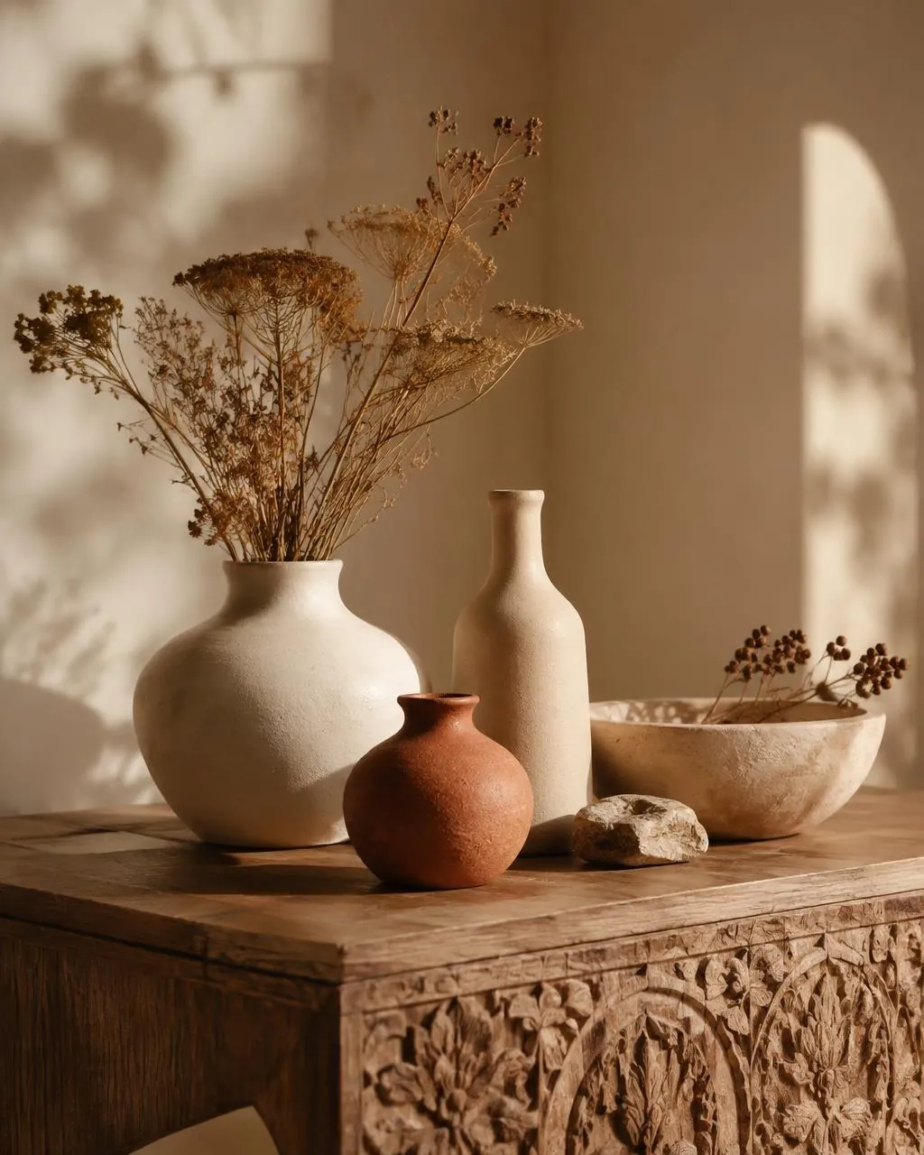 Unlabelled ceramic vessels and dried botanicals on a carved wooden surface