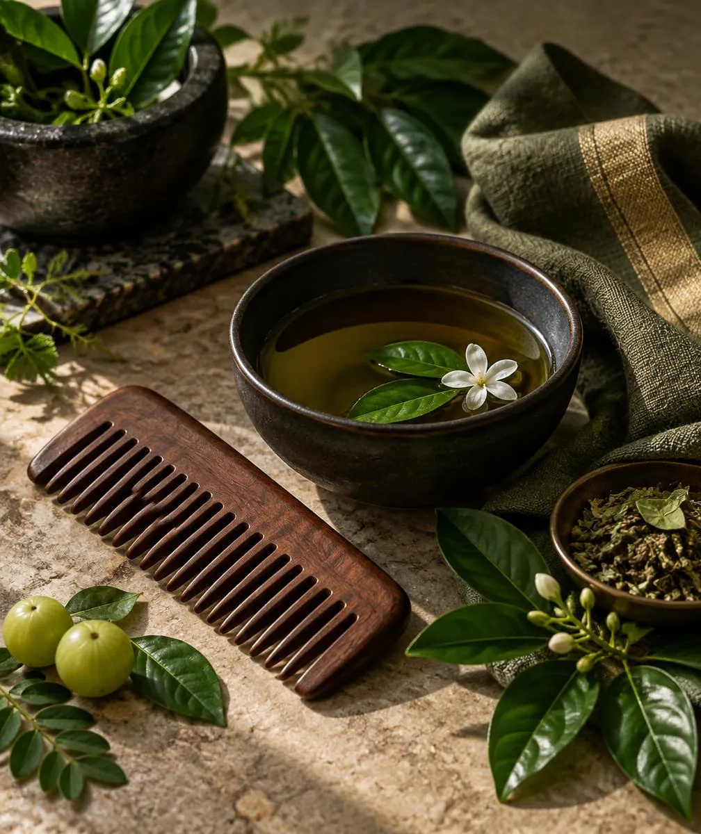 Wooden comb, leaves, and a bowl of botanical oil