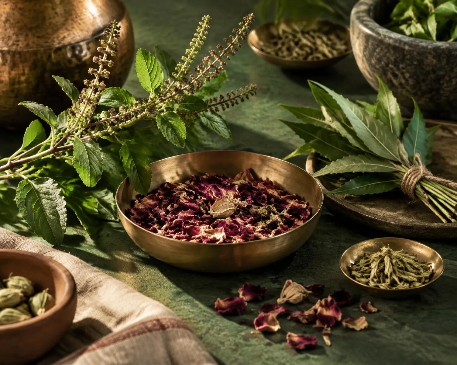 Fresh leaves and dried botanicals arranged with brass vessels