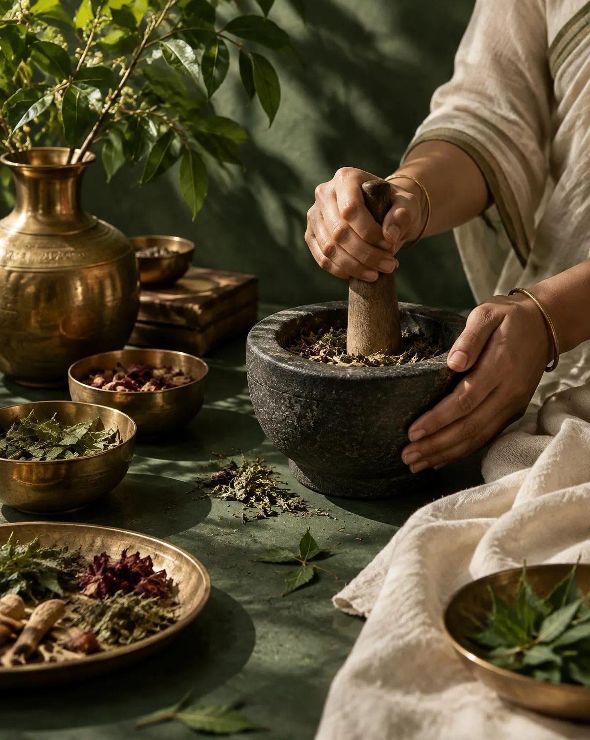Hands working with botanicals in a stone mortar