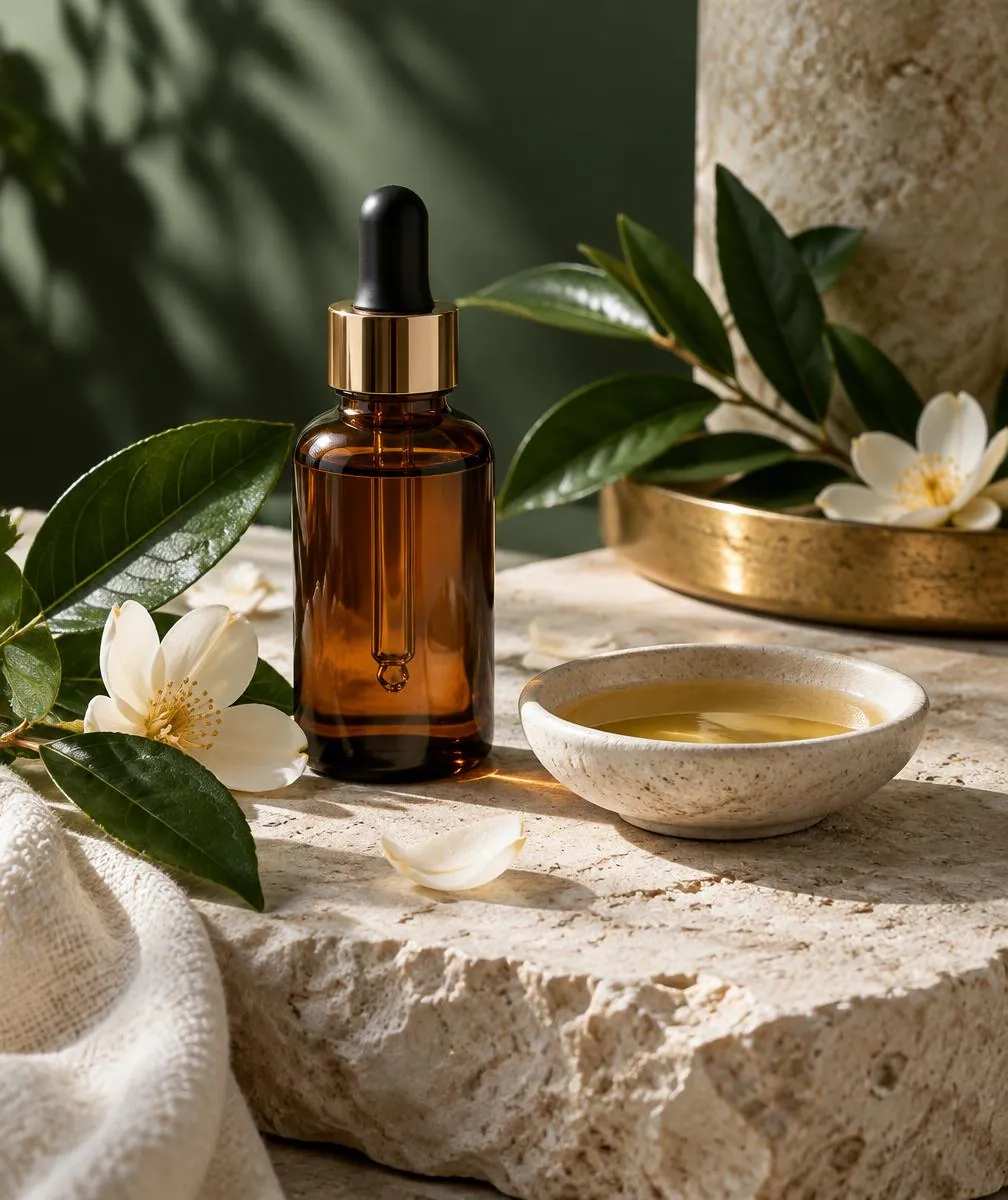 Amber bottle and botanical leaves arranged on pale stone